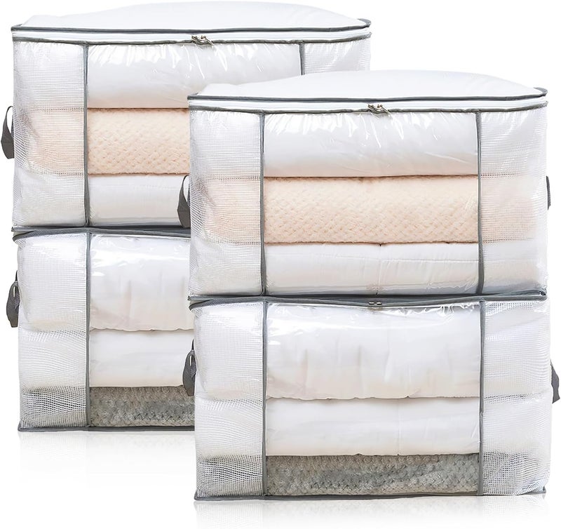 JIANGLAI 80L Clothes Storage Bags, 4 Pack Large Clear Capacity Clothes Organizer with Zips, Moisture proof, Plastic Packing Boxes for Moving House with Durable Handles for Clothing, Duvet, Bedding (Grey) - Image 1