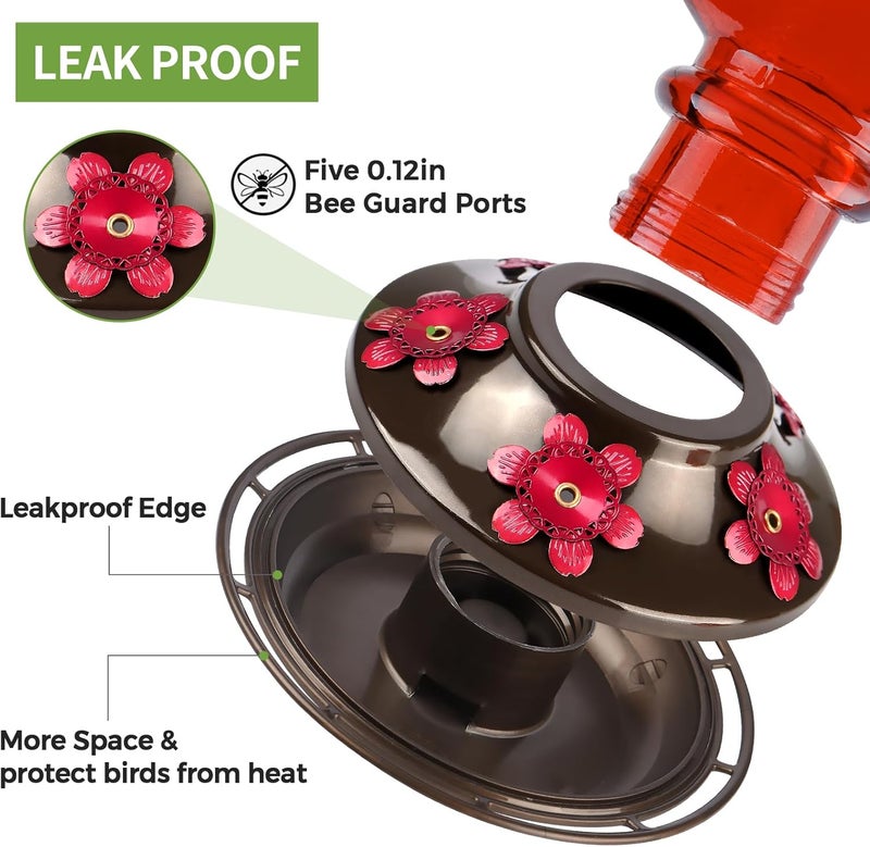 BOLITE Hummingbird Feeder, BOLITE Glass Hummingbird Feeders for Outdoors Hanging, with Ant Moat and Five Feeding Ports, 22 Ounces, Leak Proof, Red Bottle - Image 4