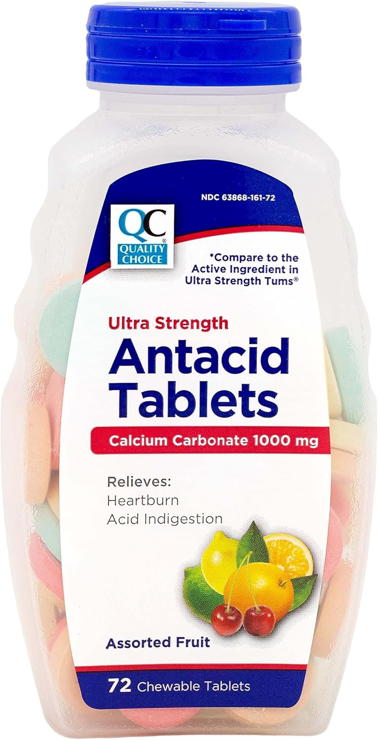 Quality Choice Quality Choice, Assorted Fruit Flavored Max Strength Calcium Carbonate 1000mg, Chewable Antacid Tablets, 72 Count, Upset Stomach, Heartburn and Acid Indigestion