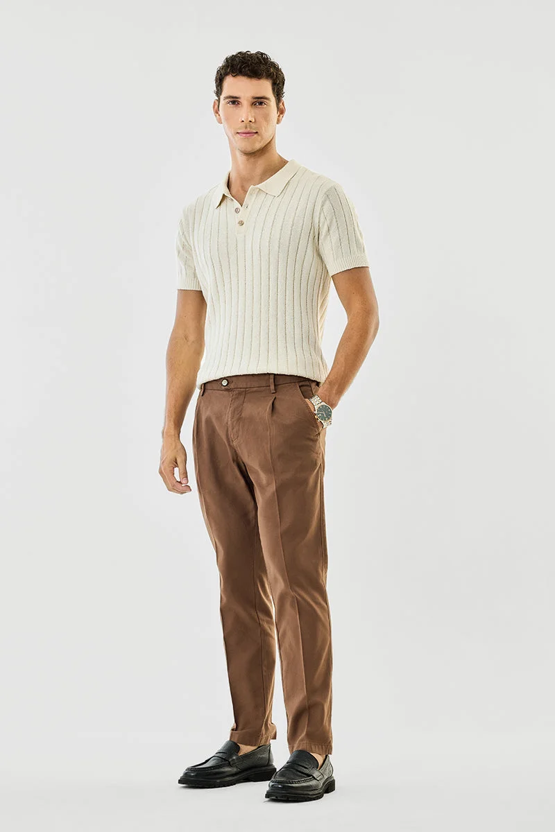 SNITCH Brown Solid Slim Fit Casual Trousers