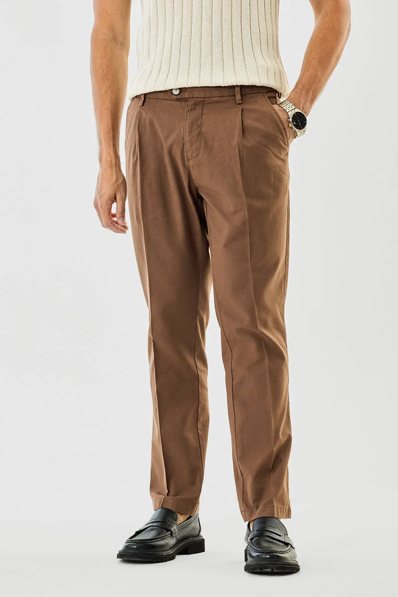 SNITCH Brown Solid Slim Fit Casual Trousers