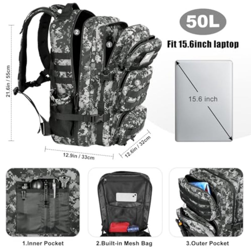 Military Tactical Backpack Large Day Backpack for Men Molle Army 3 Days Assault Pack Bug Out Bag Water Resistant and Heavy Duty Hiking Treeking Rucksack - Image 3