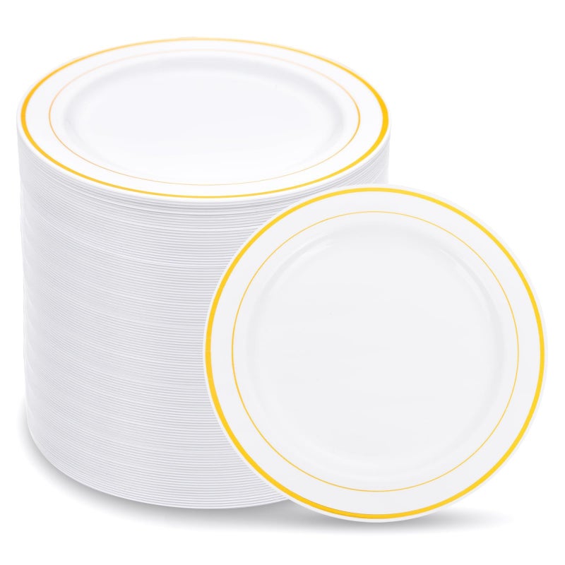WELLIFE 144Pcs Gold Dessert Plates, 7.5 Inch Plastic Appetizer plates, Heavy Duty plastic Party Plates, White and Gold Plastic plate for Party and Wedding - Image 1