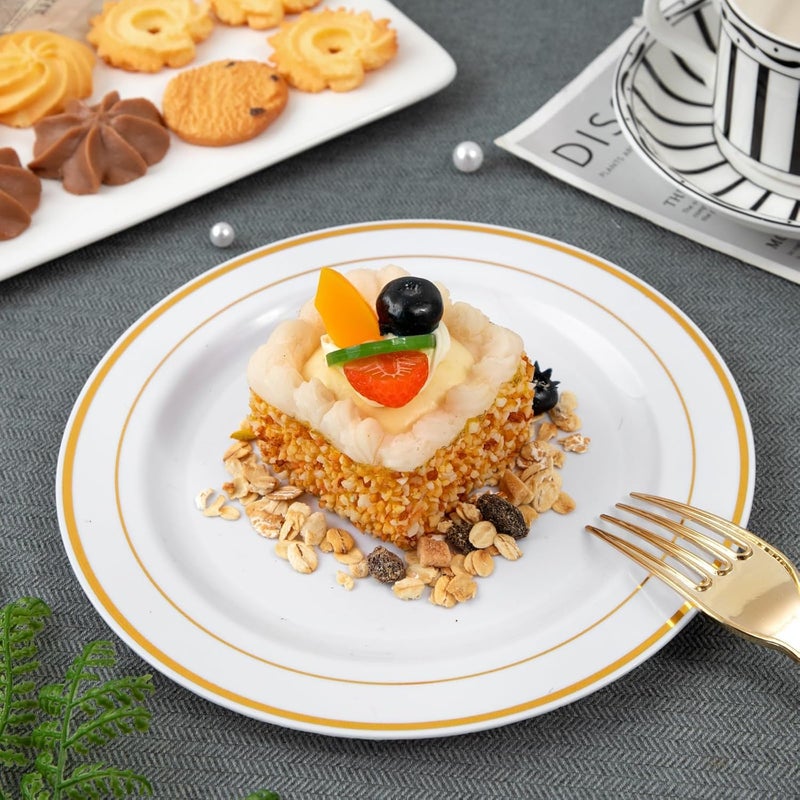 WELLIFE 144Pcs Gold Dessert Plates, 7.5 Inch Plastic Appetizer plates, Heavy Duty plastic Party Plates, White and Gold Plastic plate for Party and Wedding - Image 4