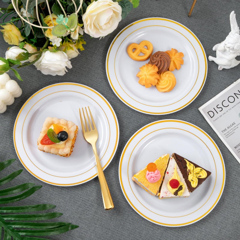 WELLIFE 144Pcs Gold Dessert Plates, 7.5 Inch Plastic Appetizer plates, Heavy Duty plastic Party Plates, White and Gold Plastic plate for Party and Wedding - Image 5