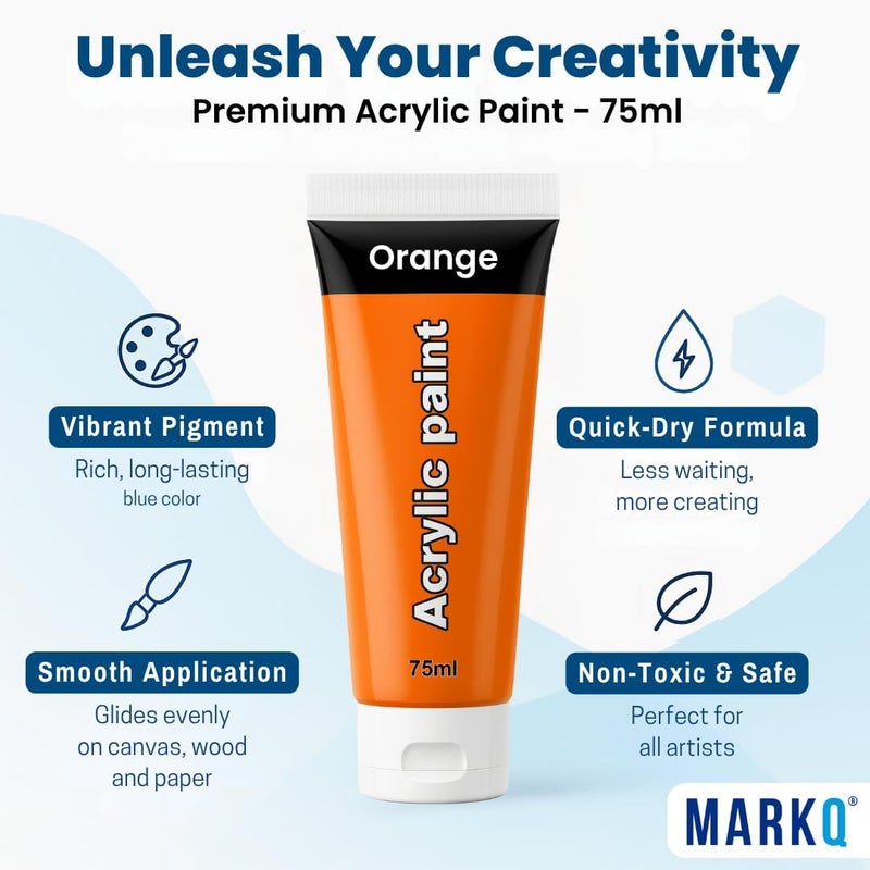 MARKQ Acrylic Paint 75 ml Tube – Rich, Highly Pigmented Non-Toxic Artist Colors | 10 Vibrant Colors for DIY Crafts, Canvas, Paper, Wood, Fabric, and Art Projects (Orange) - Image 1