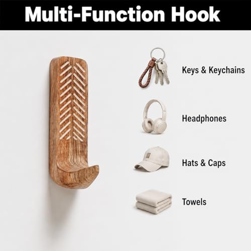 Indian-Shelf IndianShelf Boho Wood Adhesive Wall Hooks - 3 Pack 6 Strip Decorative Peel Stick Key Hangers Bathroom Entryway - Image 5