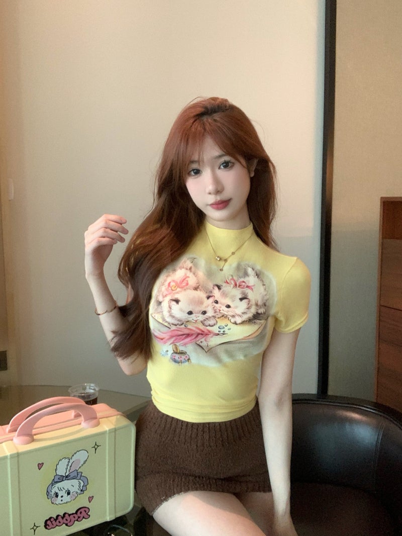 Half-High Collar Cat Printed Short-Sleeved T-Shirt Pure Desire Style Slim-Fit Slimming Chic Shoulder Top Chic - Image 4
