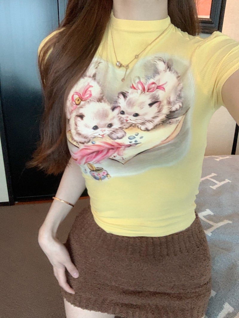 Half-High Collar Cat Printed Short-Sleeved T-Shirt Pure Desire Style Slim-Fit Slimming Chic Shoulder Top Chic - Image 1