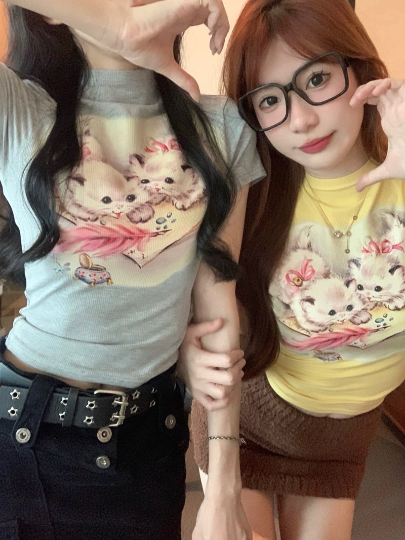 Half-High Collar Cat Printed Short-Sleeved T-Shirt Pure Desire Style Slim-Fit Slimming Chic Shoulder Top Chic - Image 3