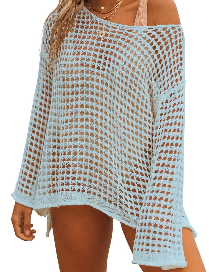 Bsubseach Crochet Cover Ups for Women Sexy Hollow Out Swim Cover Up Knit Summer Outfits Light Blue - Image 5