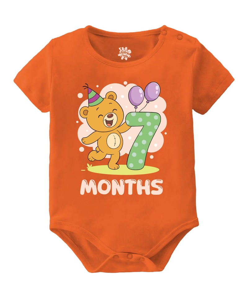 Baby Buzz 7 Months Teddy Bear Baby Milestone Dress– Cute Monthly Photoshoot Outfit | Baby Birthday Romper | 100% Cotton Bodysuit for Baby Boy & Girl(7 Months, Orange, 6-12 Months) - Image 1