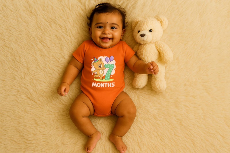 Baby Buzz 7 Months Teddy Bear Baby Milestone Dress– Cute Monthly Photoshoot Outfit | Baby Birthday Romper | 100% Cotton Bodysuit for Baby Boy & Girl(7 Months, Orange, 6-12 Months) - Image 2