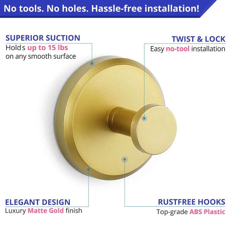 HOME SO Suction Cup Hooks for Shower, Bathroom, Kitchen, Glass Door, Mirror, Tile – Loofah, Towel, Coat, Bath Robe Hook Holder for Hanging up to 15 lbs – Waterproof, Matte Brushed Satin Gold (4-Pack) - Image 5