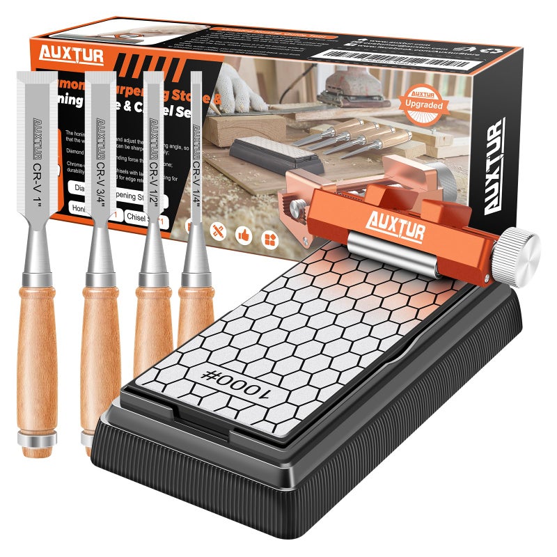 AUXTUR AUXTUR Sharpening Stone with Honing Guide Tool,chisel set for Woodworking,Flattening Stone,Complete Sharpening System Tools for Chisel Sharpening and Plane Restoration (guide+stone+chisel)  - Image 1