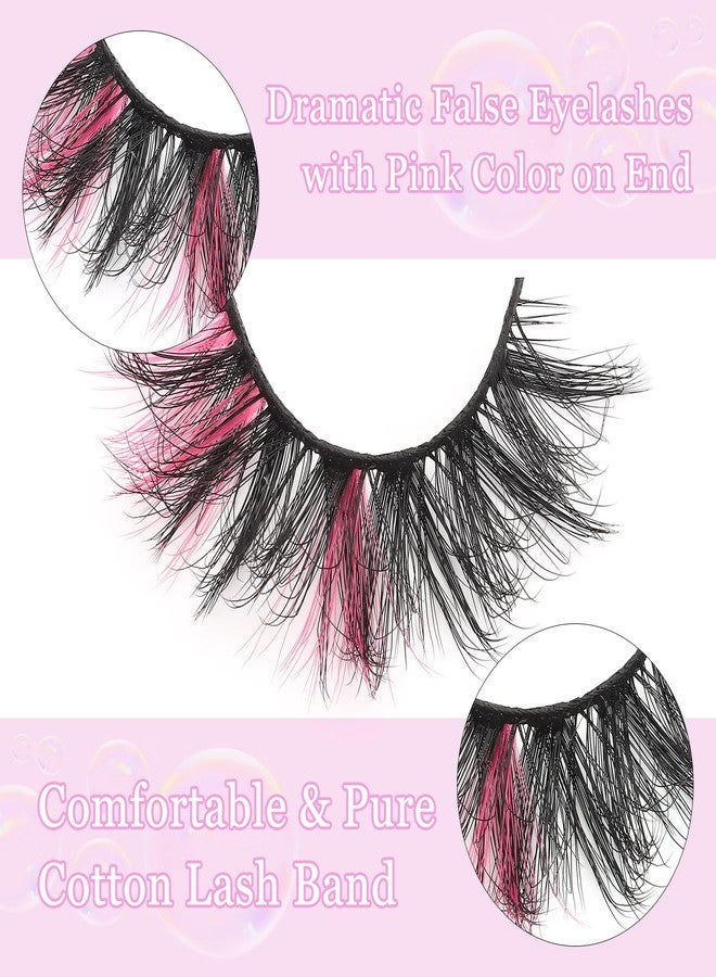 outopen 7 Pairs Dramatic False Eyelashes with Pink Color on End Dramatic Colorful Eye Lashes Long Fluffy Cat Eye Mink Pink False Eyelashes Halloween Cosplay Masquerade Party Stage Makeup Tools - Image 3