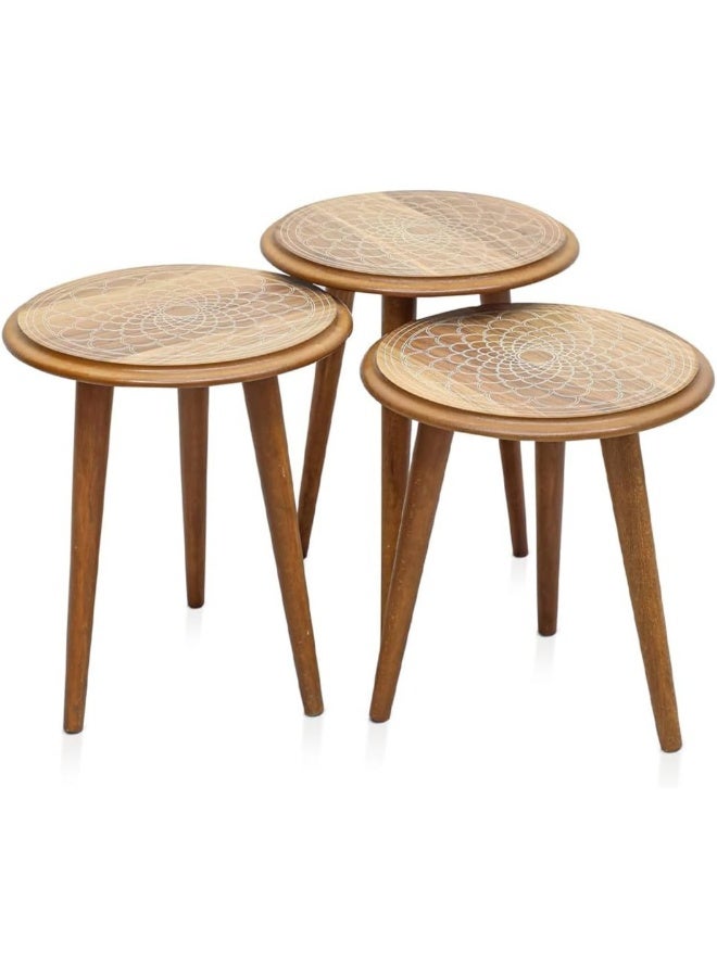 مالتي هوم فيرنيتشر طقم طاولات متداخلة من 3 قطع من Multi Home Furniture باللون البني - طاولات قهوة خشبية مستديرة لأثاث غرفة المعيشة وغرفة النوم والمكتب - طاولة شاي صغيرة موفرة للمساحة، طاولة جانبية للقهوة، وطاولة جانبية للشرفة. - Image 1
