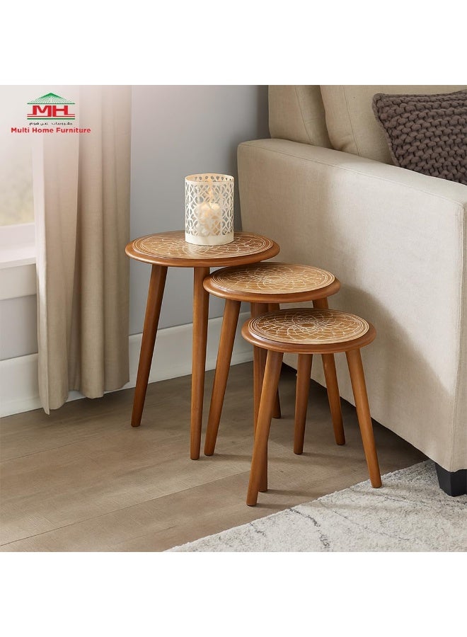 مالتي هوم فيرنيتشر طقم طاولات متداخلة من 3 قطع من Multi Home Furniture باللون البني - طاولات قهوة خشبية مستديرة لأثاث غرفة المعيشة وغرفة النوم والمكتب - طاولة شاي صغيرة موفرة للمساحة، طاولة جانبية للقهوة، وطاولة جانبية للشرفة. - Image 2