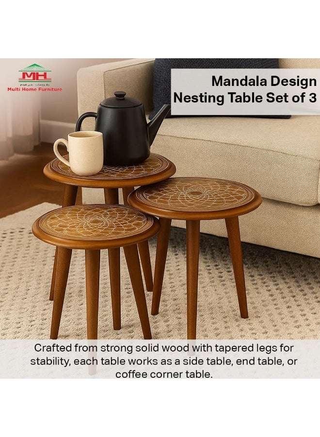 مالتي هوم فيرنيتشر طقم طاولات متداخلة من 3 قطع من Multi Home Furniture باللون البني - طاولات قهوة خشبية مستديرة لأثاث غرفة المعيشة وغرفة النوم والمكتب - طاولة شاي صغيرة موفرة للمساحة، طاولة جانبية للقهوة، وطاولة جانبية للشرفة. - Image 3