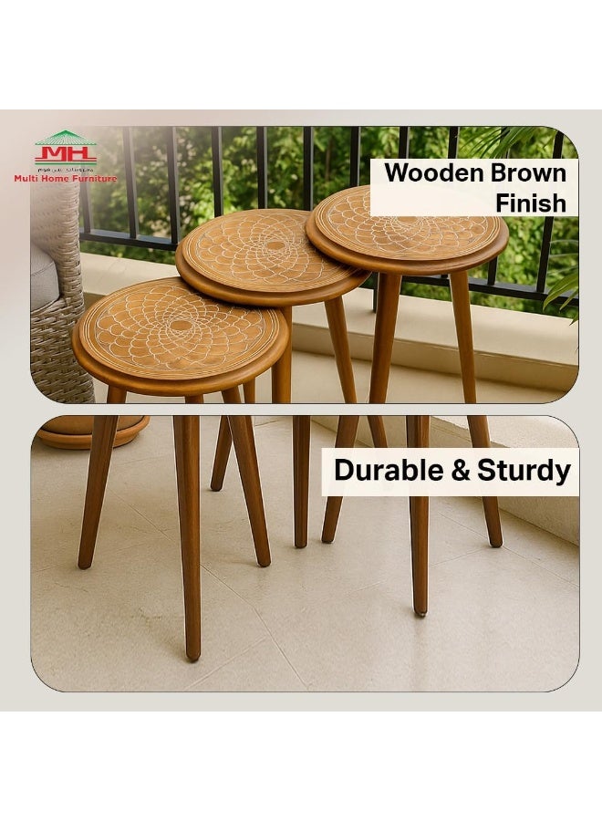 مالتي هوم فيرنيتشر طقم طاولات متداخلة من 3 قطع من Multi Home Furniture باللون البني - طاولات قهوة خشبية مستديرة لأثاث غرفة المعيشة وغرفة النوم والمكتب - طاولة شاي صغيرة موفرة للمساحة، طاولة جانبية للقهوة، وطاولة جانبية للشرفة. - Image 4