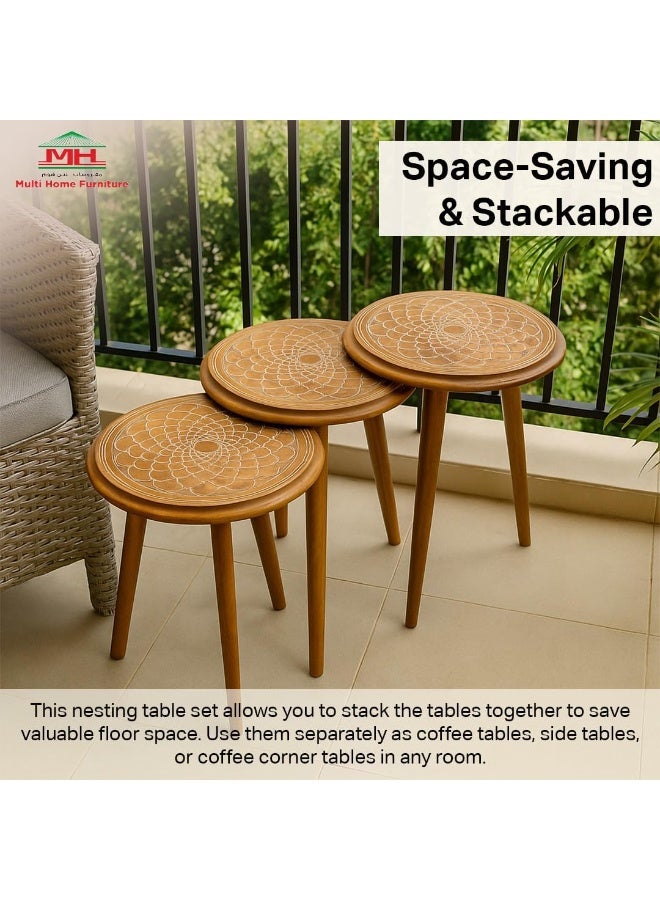 مالتي هوم فيرنيتشر طقم طاولات متداخلة من 3 قطع من Multi Home Furniture باللون البني - طاولات قهوة خشبية مستديرة لأثاث غرفة المعيشة وغرفة النوم والمكتب - طاولة شاي صغيرة موفرة للمساحة، طاولة جانبية للقهوة، وطاولة جانبية للشرفة. - Image 5