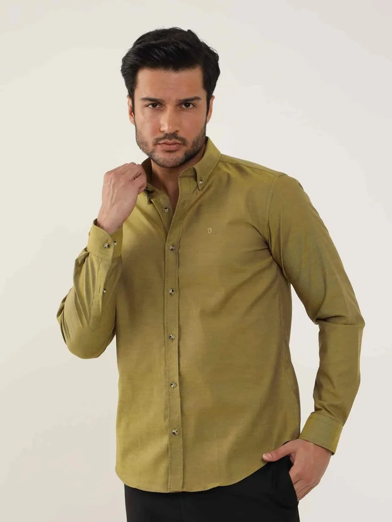 Dufy Mustard Men's Slim Fit Plain Brent Button Collar Long Sleeve Shirt - 102454