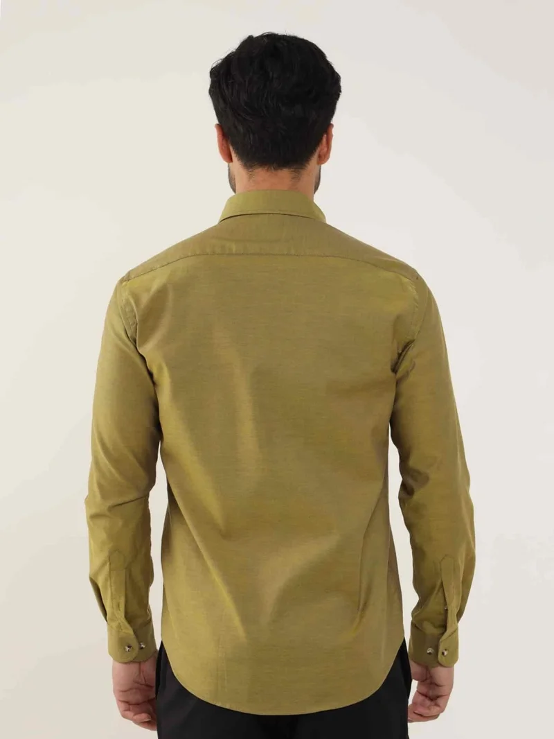 Dufy Mustard Men's Slim Fit Plain Brent Button Collar Long Sleeve Shirt - 102454