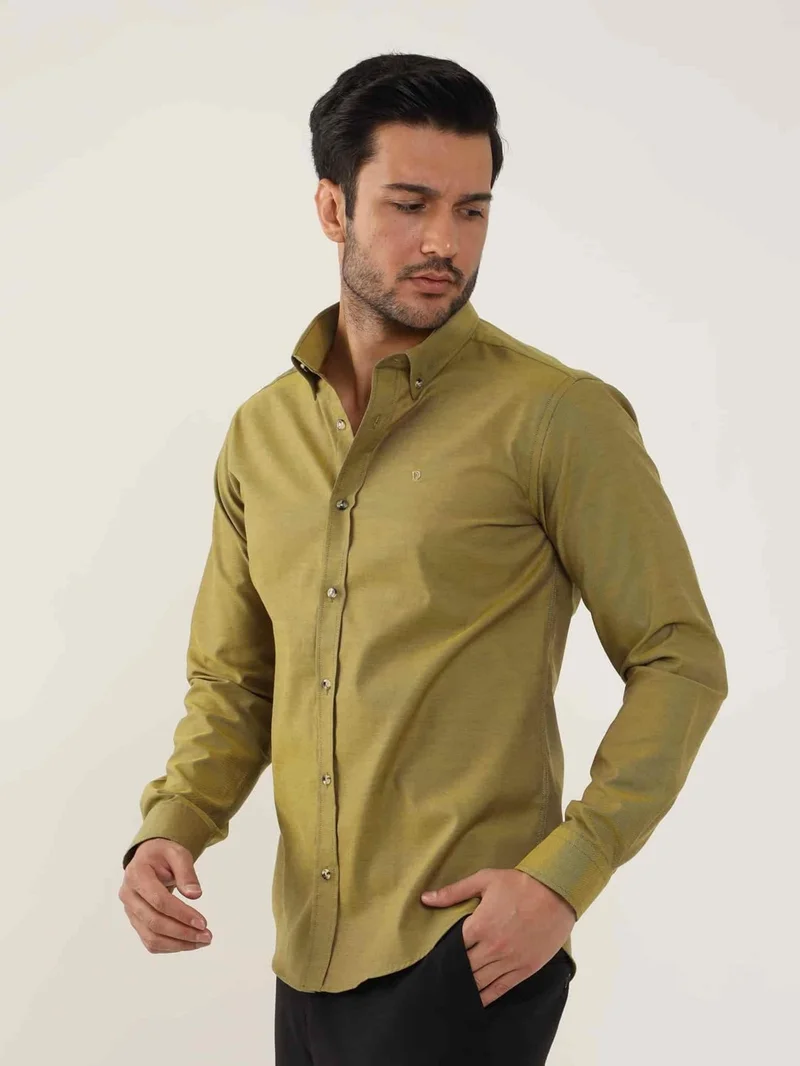 Dufy Mustard Men's Slim Fit Plain Brent Button Collar Long Sleeve Shirt - 102454