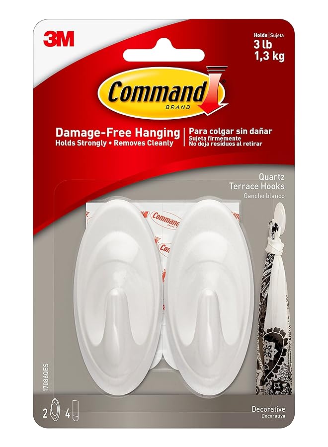 Command 17086Qes Quartz Race Hook Holds 1.3 Kg. Each Hook White Color. 2 Hooks And 4 Strips/Pack Decorate Damage Free - Image 1