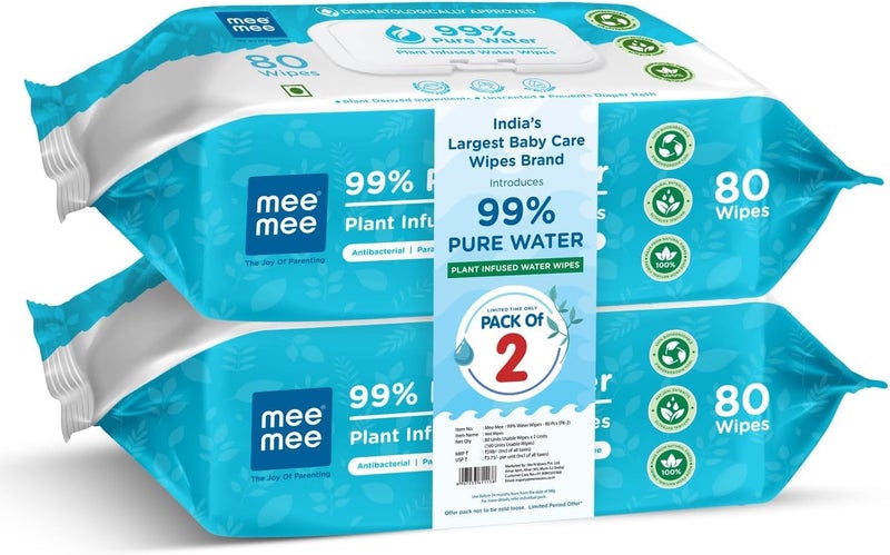 Mee Mee 99% Pure Water Plant Infused Wet Wipes - 160 Pcs (80 Wipes x 2 Packs) - Unscented, Hypoallergenic, Aloe Vera Enriched
