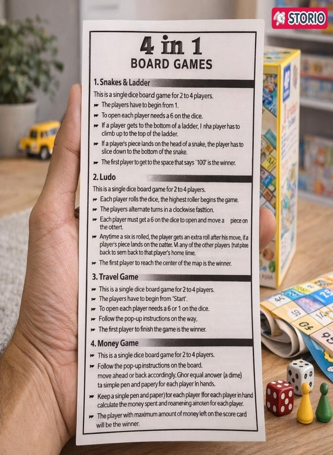 Storio 4-in-1 Classic Board Games for Kids 5+ Years | Snakes & Ladders, Ludo, Drive Your Car & Money Game | Family Board Game Set with Dice & Pawns | Educational Strategy Game for Boys & Girls - Image 5