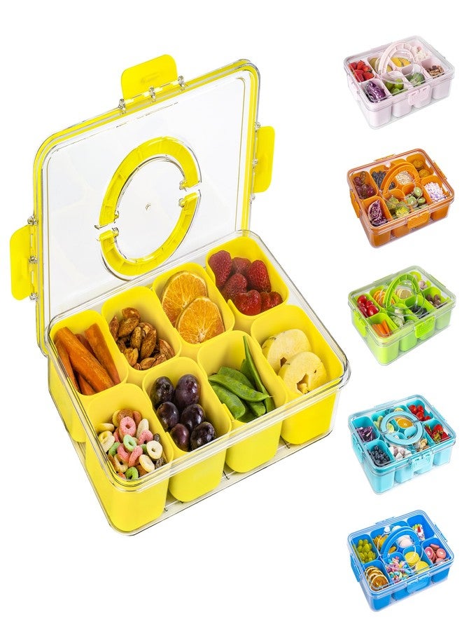 WACOI Divided Snack Serving Tray with Lid and Handle Travel Snackle Charcuterie Container Portable Storage Organizer for Candy, Fruits, Nuts, Snacks, Party, Picnic (1pack, Yellow) - Image 1