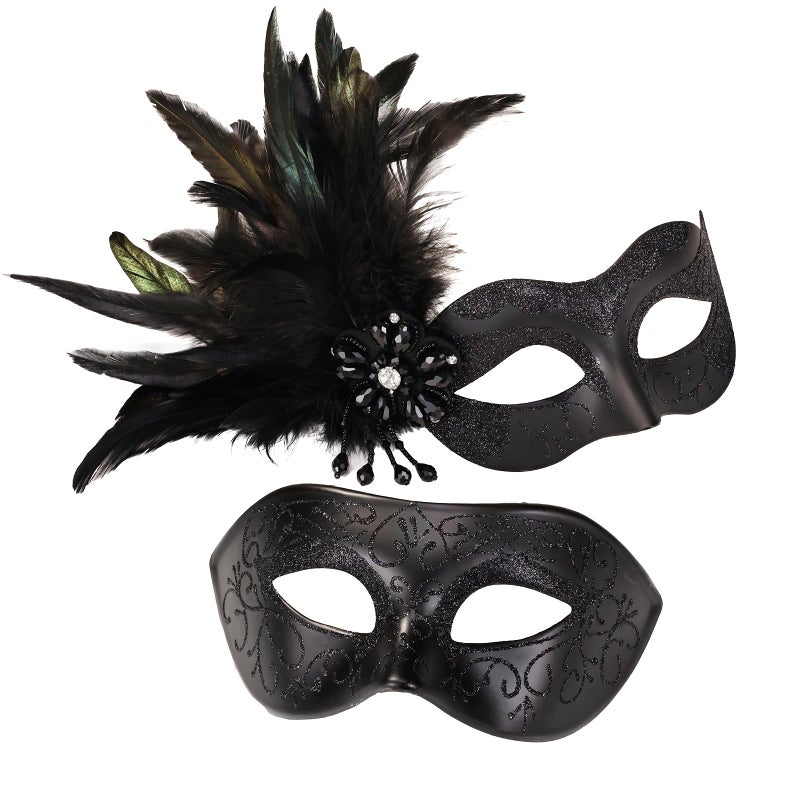 MYSEUNI Black Couples Masquerade Mask Set - Women's Masquerade Masks with Feathers & Venetian Mask for Men, Mardi Gras, Halloween, Cosplay, Prom, Christmas - Image 1