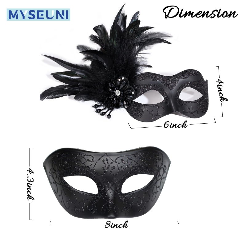 MYSEUNI Black Couples Masquerade Mask Set - Women's Masquerade Masks with Feathers & Venetian Mask for Men, Mardi Gras, Halloween, Cosplay, Prom, Christmas - Image 2