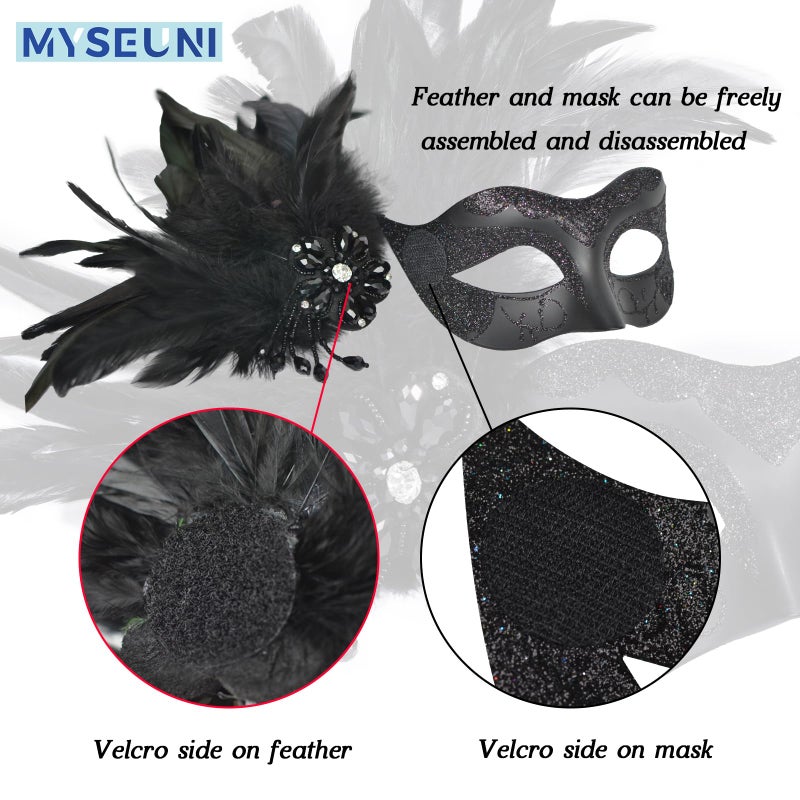MYSEUNI Black Couples Masquerade Mask Set - Women's Masquerade Masks with Feathers & Venetian Mask for Men, Mardi Gras, Halloween, Cosplay, Prom, Christmas - Image 3