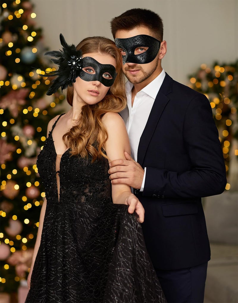 MYSEUNI Black Couples Masquerade Mask Set - Women's Masquerade Masks with Feathers & Venetian Mask for Men, Mardi Gras, Halloween, Cosplay, Prom, Christmas - Image 5