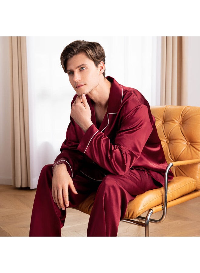 Meibiao 19 MM Heavyweight Pure Silk Couple's Long-sleeve Pajamas, 100% Mulberry Silk Loungewear, Men's And Women's Sleepwear, Red, Bright Jujube Red, Xxl - Image 2