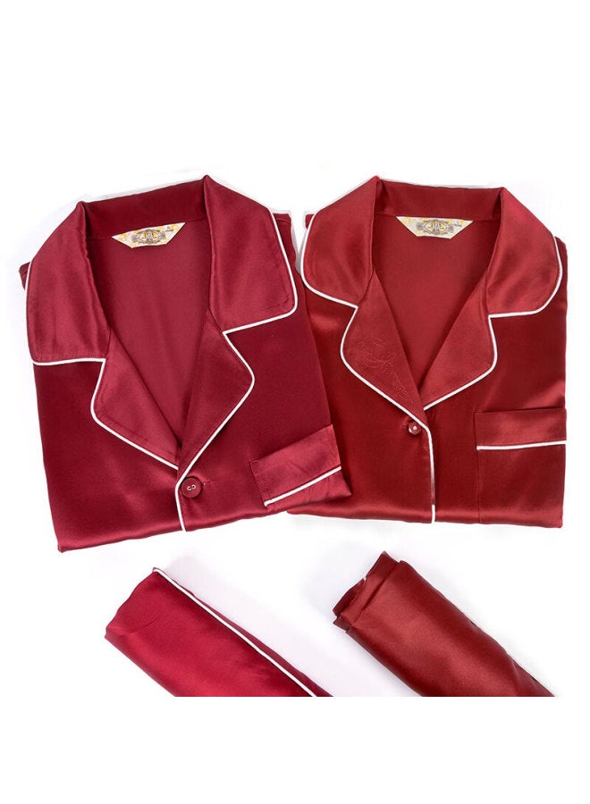 Meibiao 19 MM Heavyweight Pure Silk Couple's Long-sleeve Pajamas, 100% Mulberry Silk Loungewear, Men's And Women's Sleepwear, Red, Bright Jujube Red, Xxl - Image 3