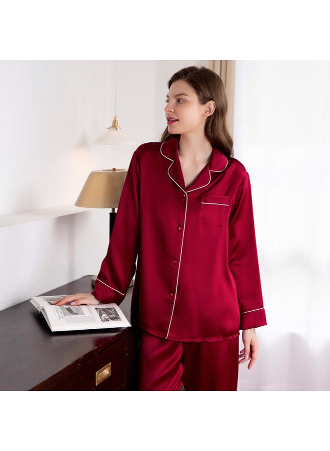 Meibiao 19 MM Heavyweight Pure Silk Couple's Long-sleeve Pajamas, 100% Mulberry Silk Loungewear, Men's And Women's Sleepwear, Red, Bright Jujube Red, Xxl - Image 1