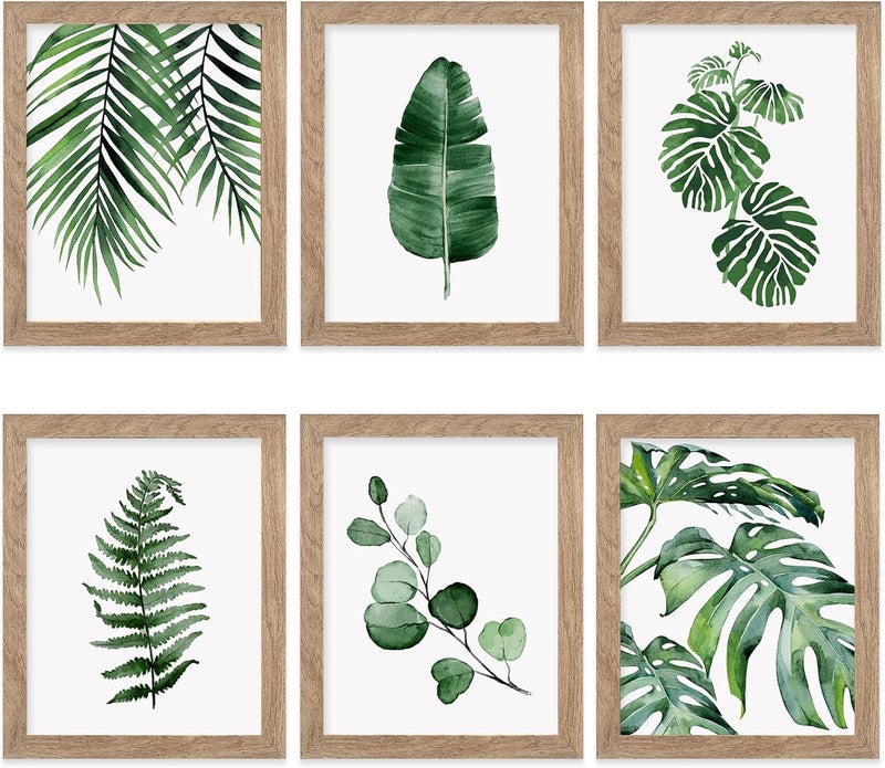 HoozGee Framed Botanical Wall Art Prints Set of 6 - Tropical Leaves Canvas With Frame, Plant Leaf Boho Pictures, Green Art Posters for Bedroom (Leaf Wall Art, 8"x10" Framed) - Image 1