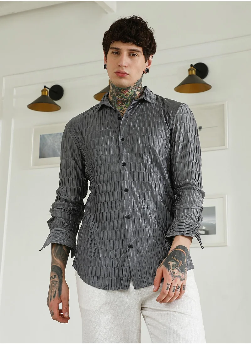 Campus Sutra Men's Textured Grey Slim Fit Full Sleeve Shirt