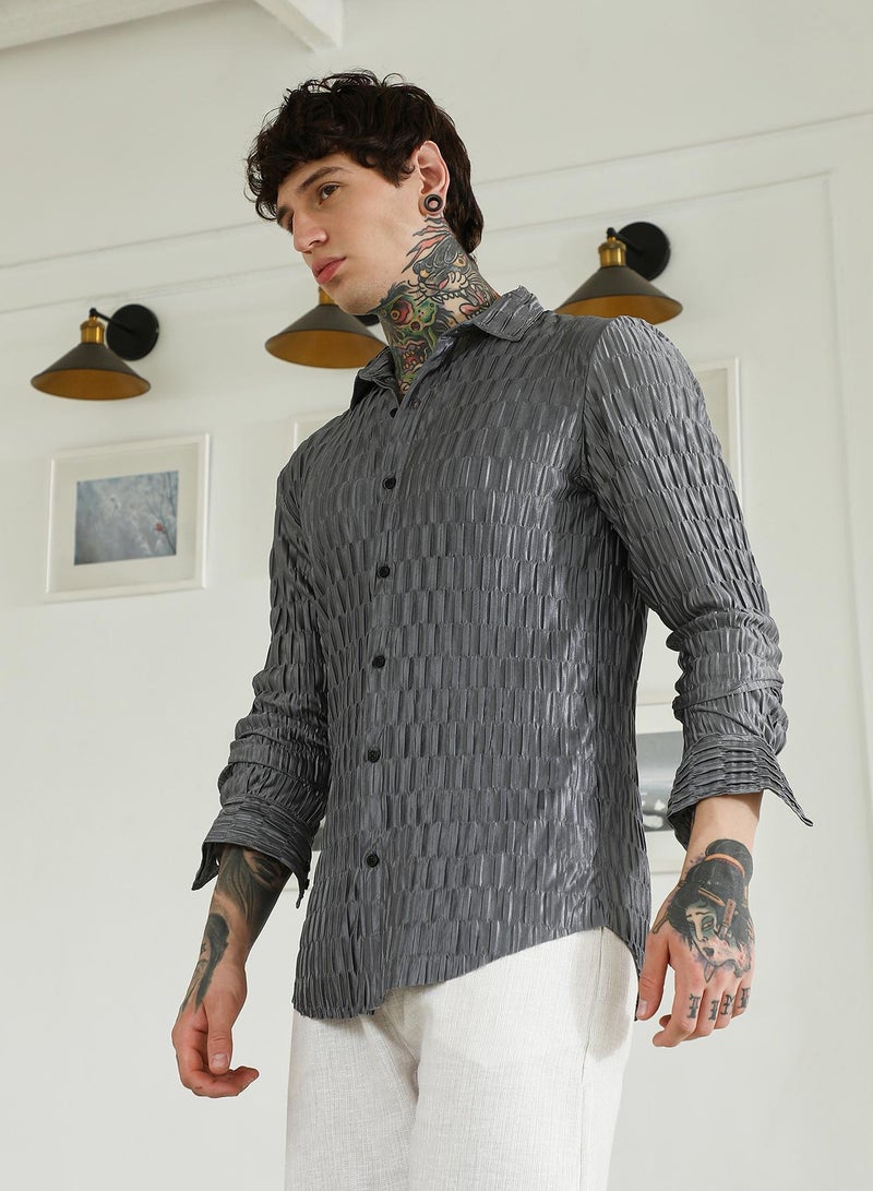 Campus Sutra Men's Textured Grey Slim Fit Full Sleeve Shirt - Image 3