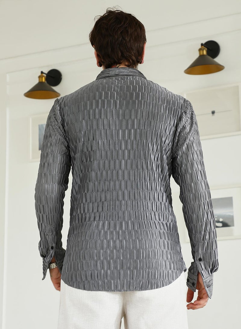 Campus Sutra Men's Textured Grey Slim Fit Full Sleeve Shirt - Image 5
