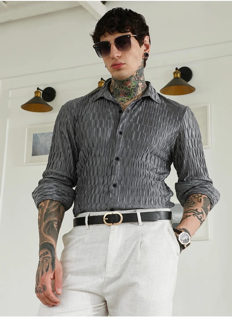 Campus Sutra Men's Textured Grey Slim Fit Full Sleeve Shirt