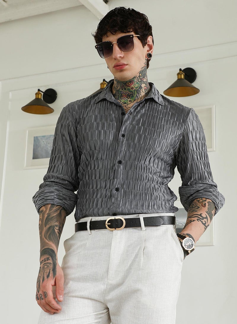 Campus Sutra Men's Textured Grey Slim Fit Full Sleeve Shirt - Image 1