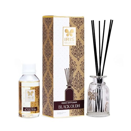 Iris Celeste Black Oudh Reed Diffuser with 100 ml | Oil Diffuser with Free 6 Fiber Reed Sticks | Room Freshener for Home, Bedroom, Living Room & Office | Gifts Set. - Image 1