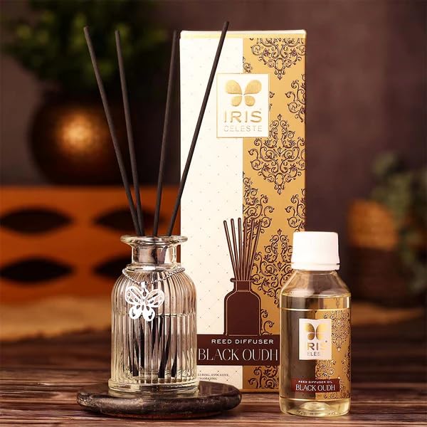 Iris Celeste Black Oudh Reed Diffuser with 100 ml | Oil Diffuser with Free 6 Fiber Reed Sticks | Room Freshener for Home, Bedroom, Living Room & Office | Gifts Set. - Image 2