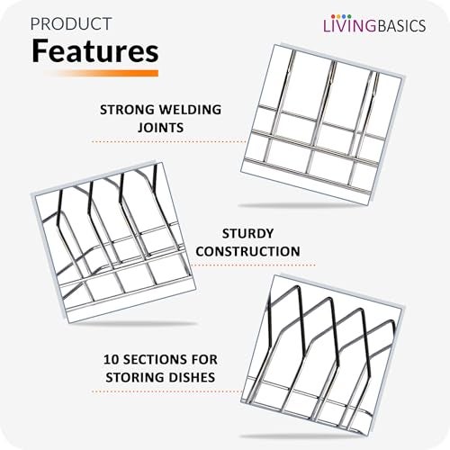 LIVINGBASICS Stainless Steel Dish Stand/Plate Rack for Kitchen Lid Organizer For Plates/Dishes, Cutting Boards, Bakeware, Pots & Pans, Serving Trays (10 sections, Triangle Shape) - Image 4
