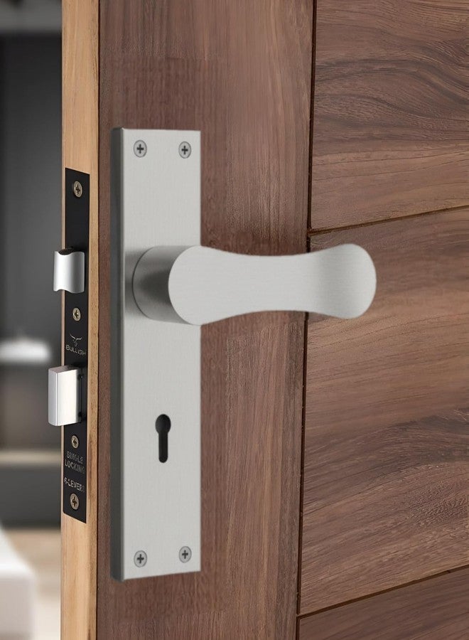 Trevi mortice lock set Modern Door Handle with Lever Lock, Brushed Steel Finish, Keyhole Design - Image 1