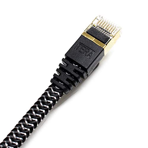 Tera Grand - 50FT - CAT7 10 Gigabit Ethernet Ultra Flat Patch Cable for Modem Router LAN Network - Braided Jacket, Gold Plated Shielded RJ45 Connectors, Faster Than CAT6a CAT6 CAT5e, Black & White - Image 2